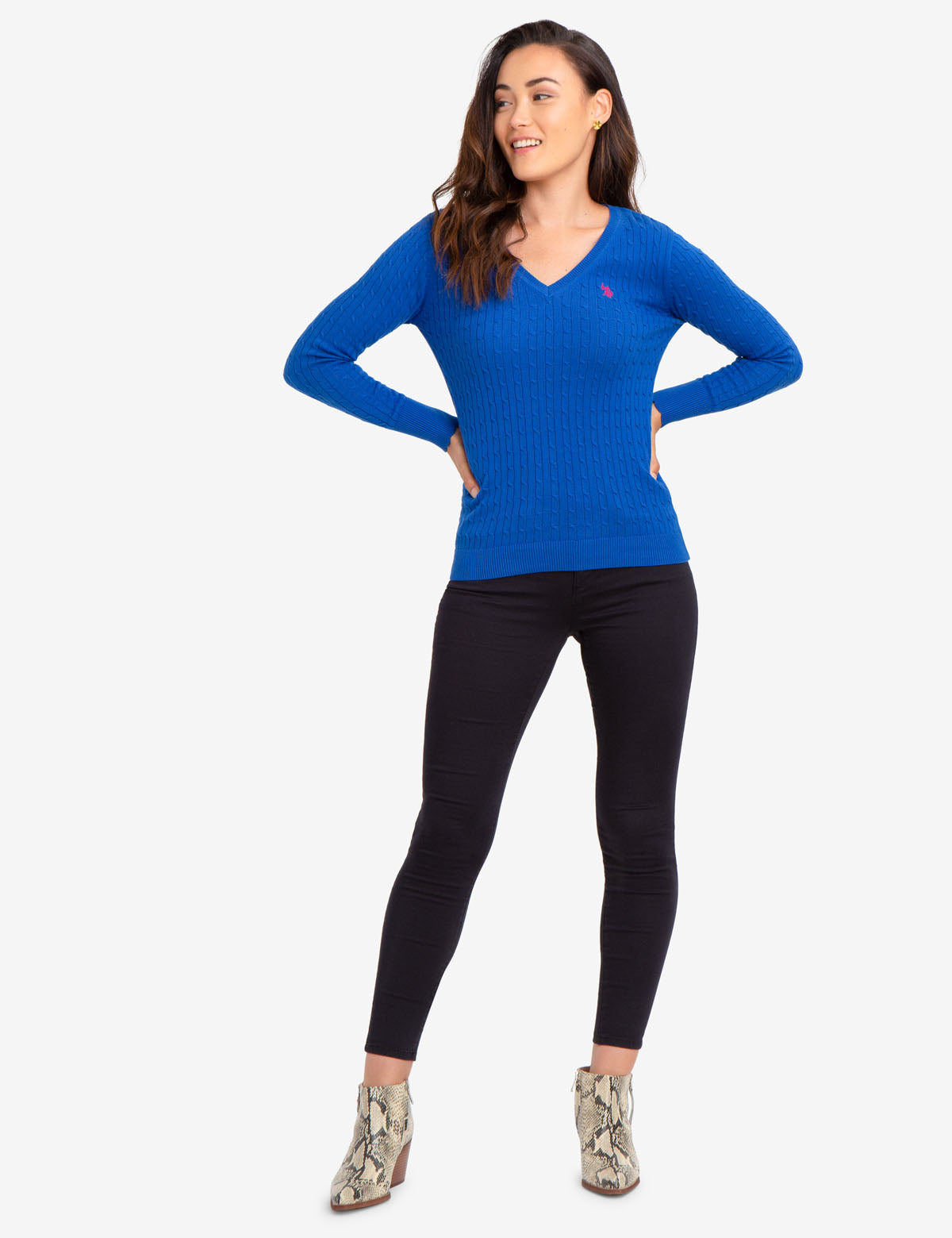 Women's V-Neck Cable Knit Cotton Sweater