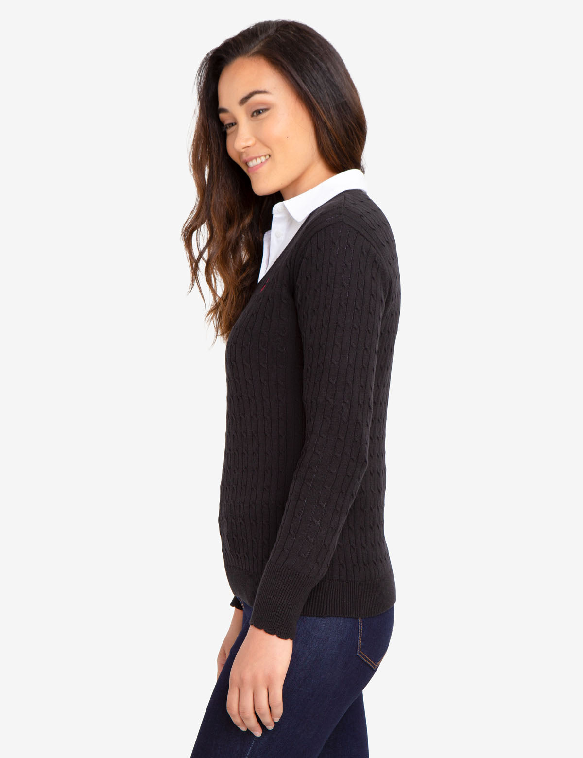 Women's V-Neck Cable Knit Cotton Sweater
