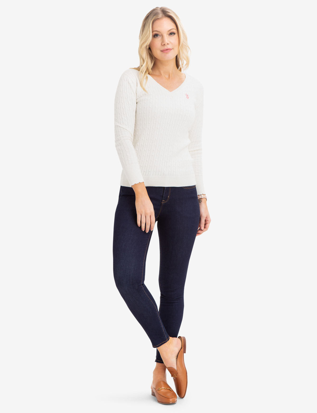 Women's V-Neck Cable Knit Cotton Sweater