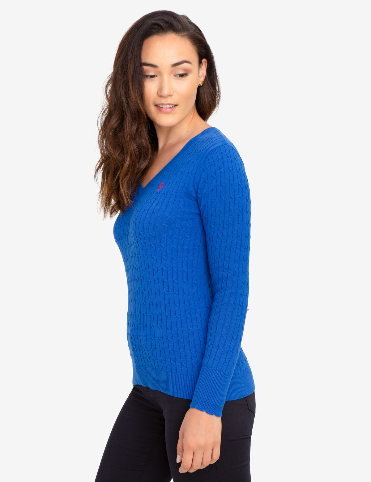 Women's V-Neck Cable Knit Cotton Sweater