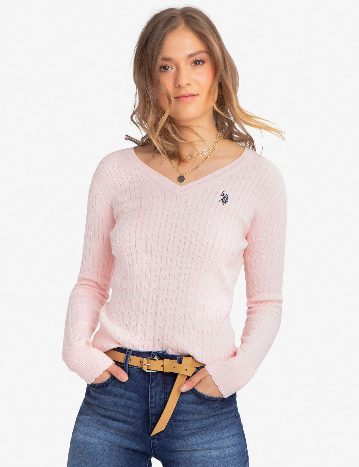 Women's V-Neck Cable Knit Cotton Sweater