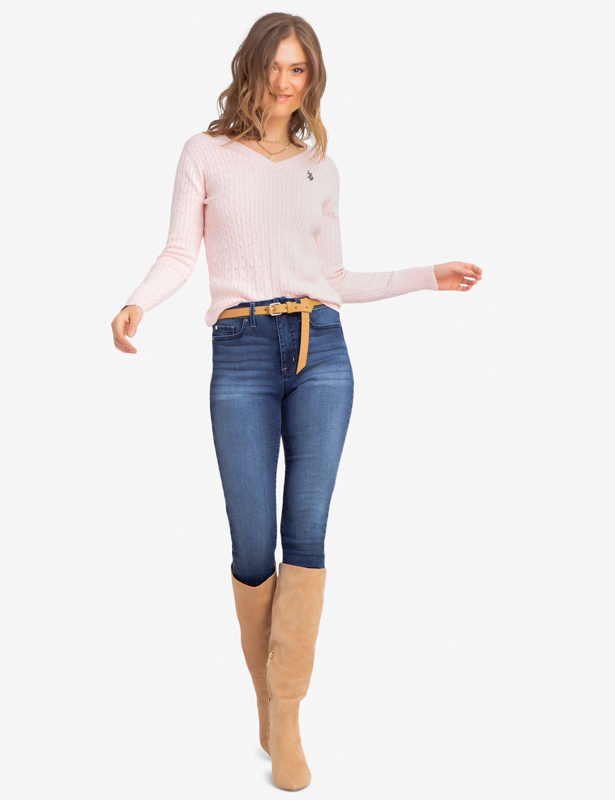 Women's V-Neck Cable Knit Cotton Sweater