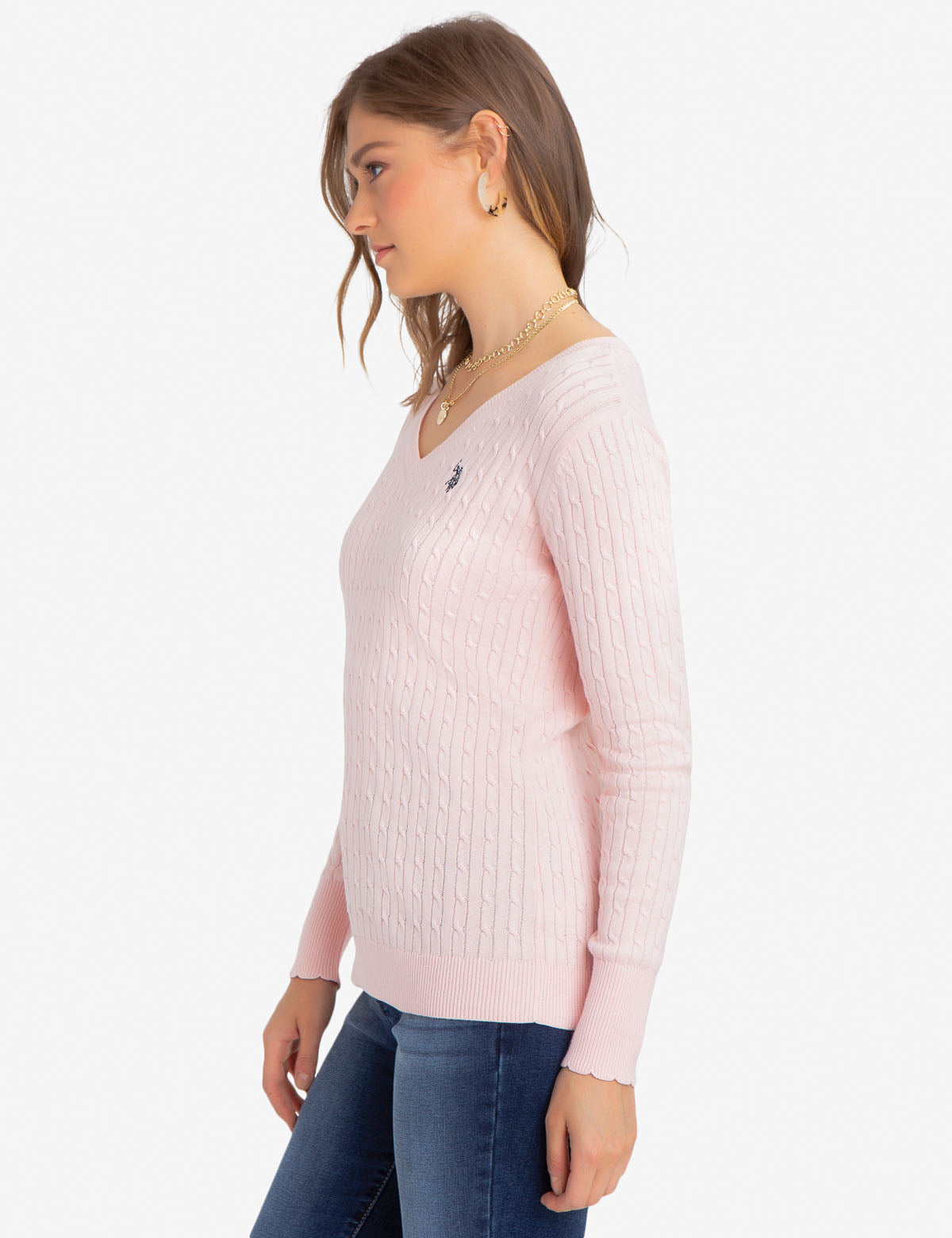 Women's V-Neck Cable Knit Cotton Sweater