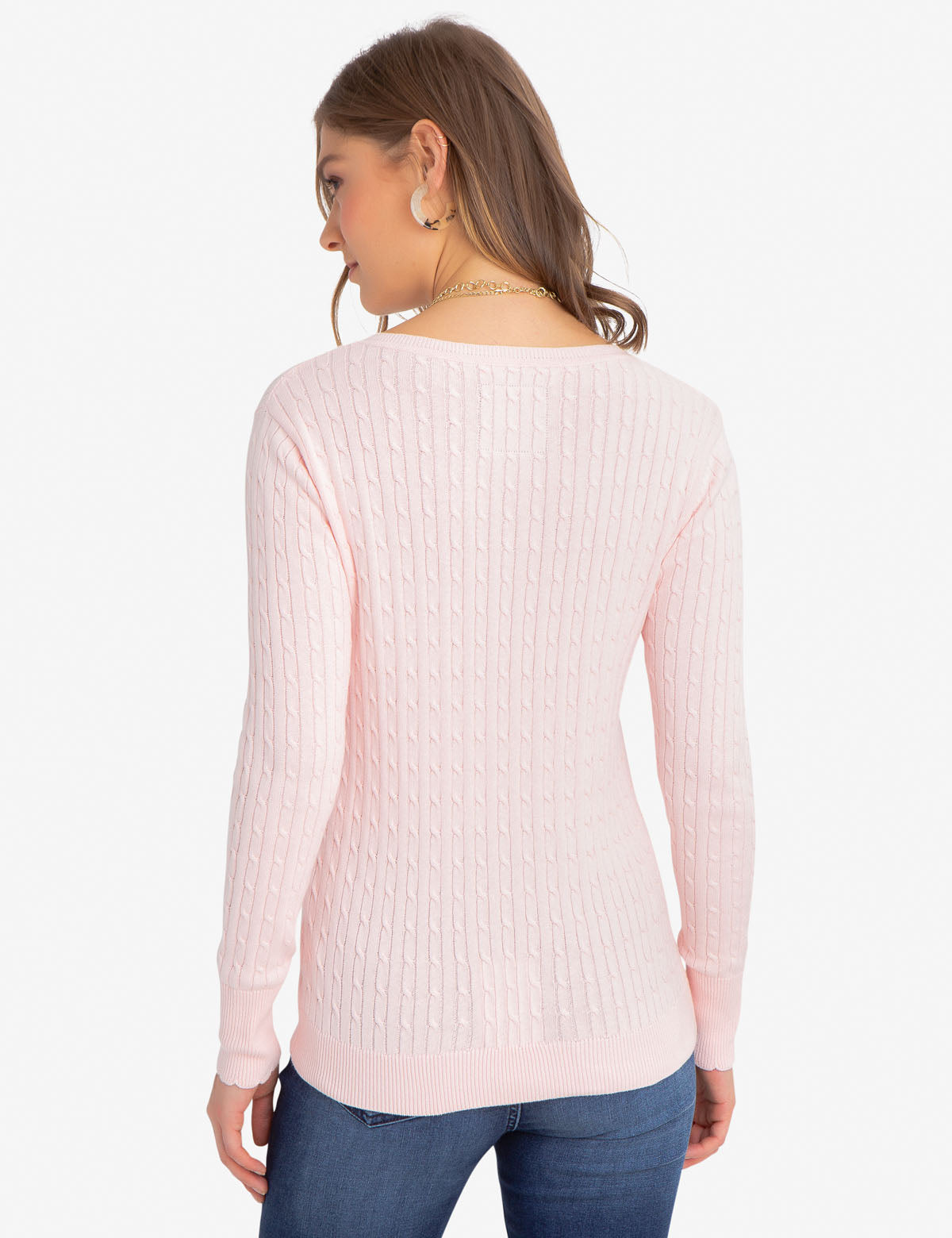 Women's V-Neck Cable Knit Cotton Sweater