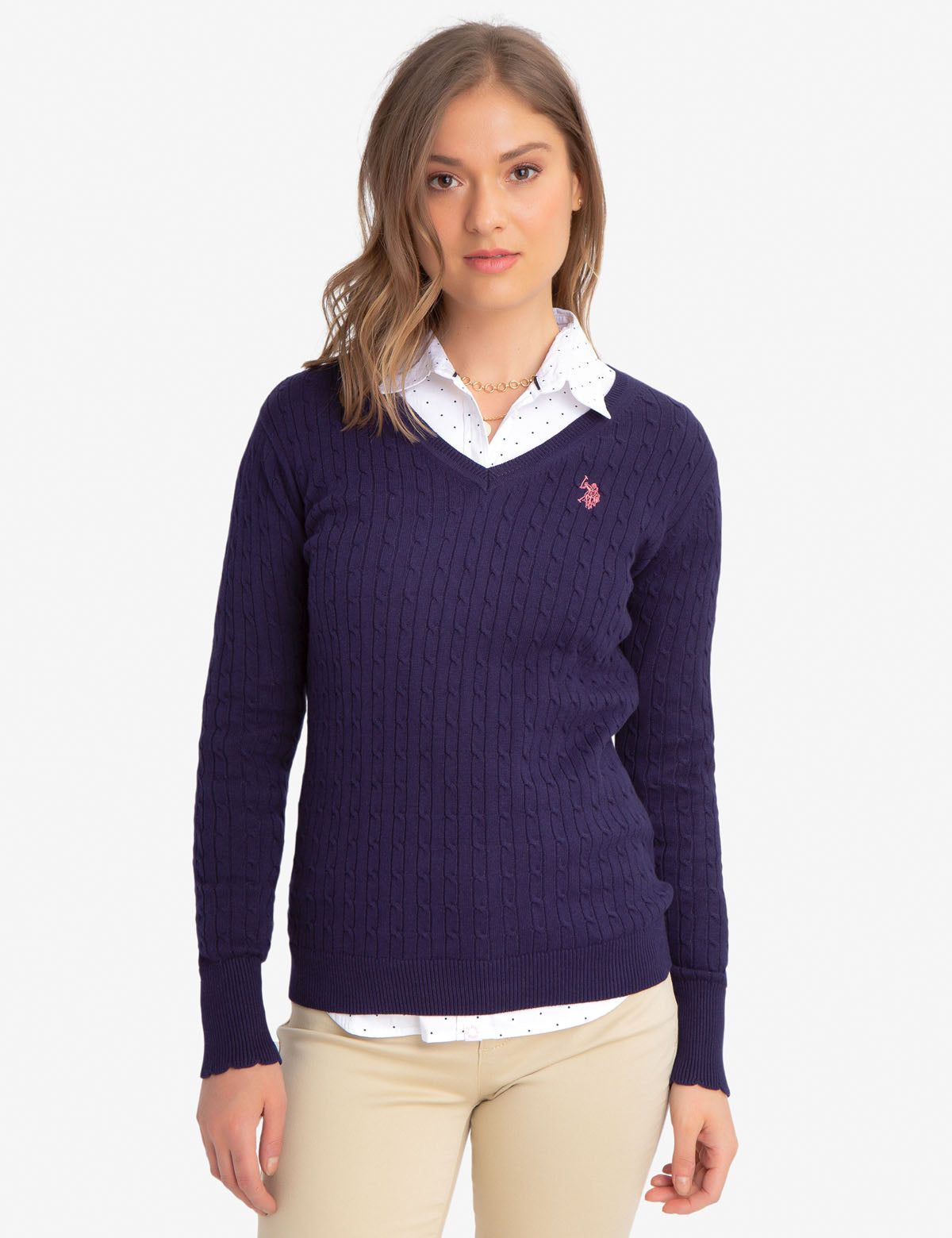Women's V-Neck Cable Knit Cotton Sweater