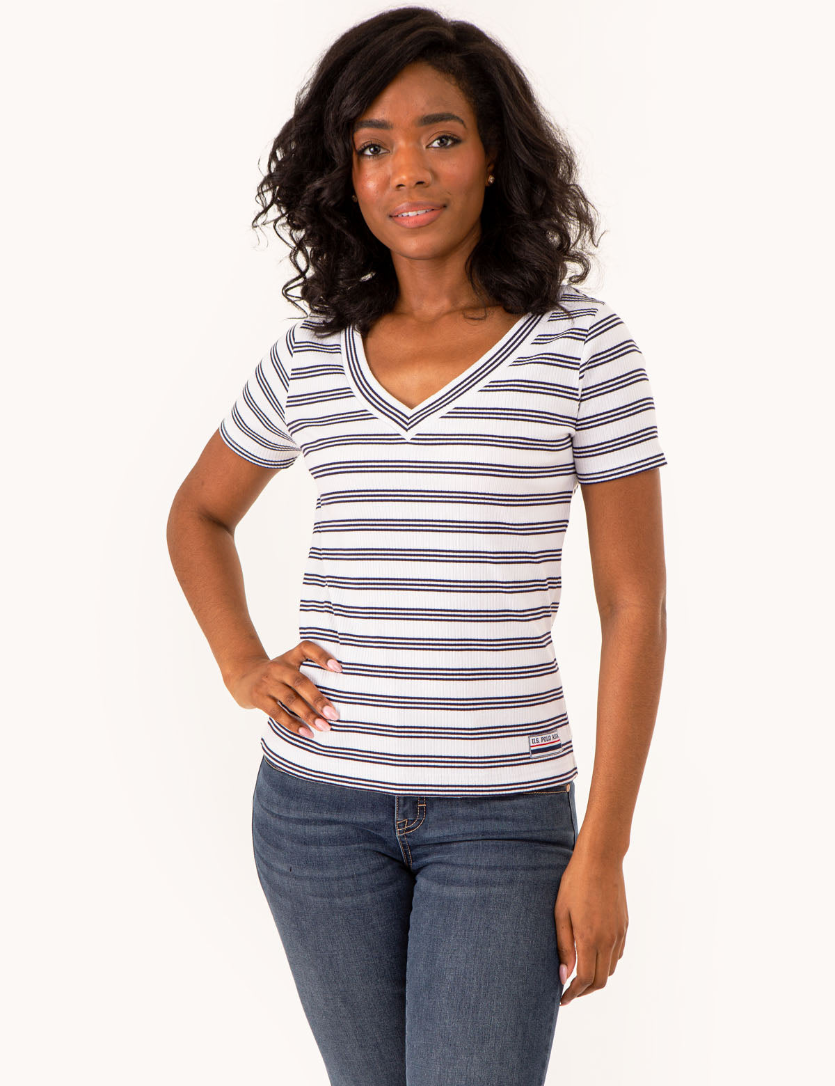 Women's V-Neck Striped Ribbed Top