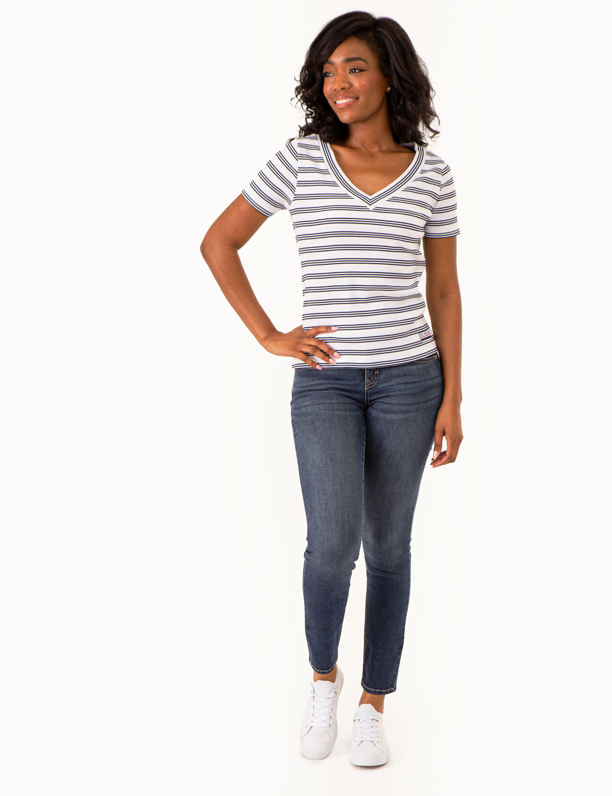 Women's V-Neck Striped Ribbed Top