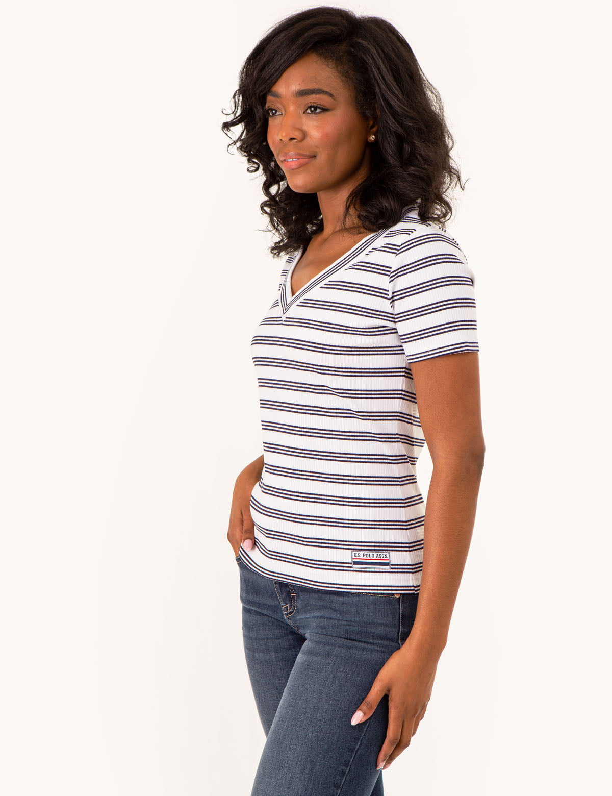 Women's V-Neck Striped Ribbed Top