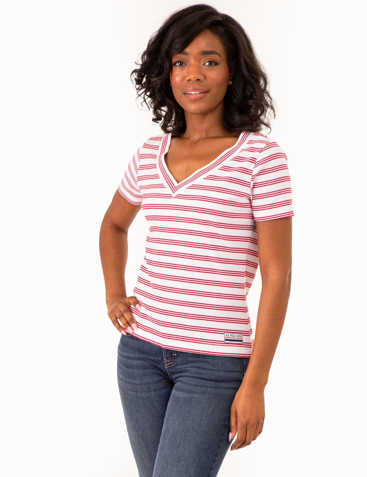 Women's V-Neck Striped Ribbed Top
