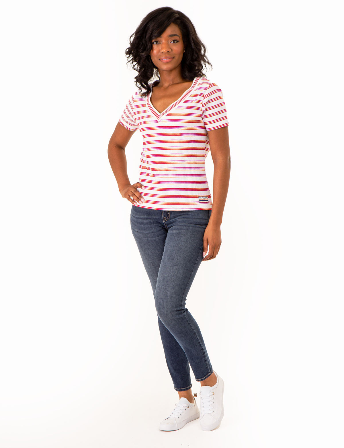 Women's V-Neck Striped Ribbed Top