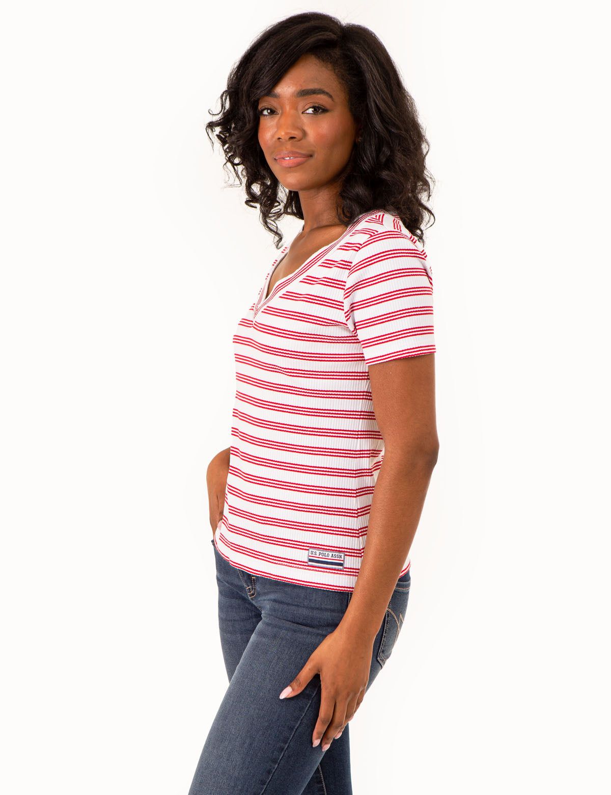 Women's V-Neck Striped Ribbed Top
