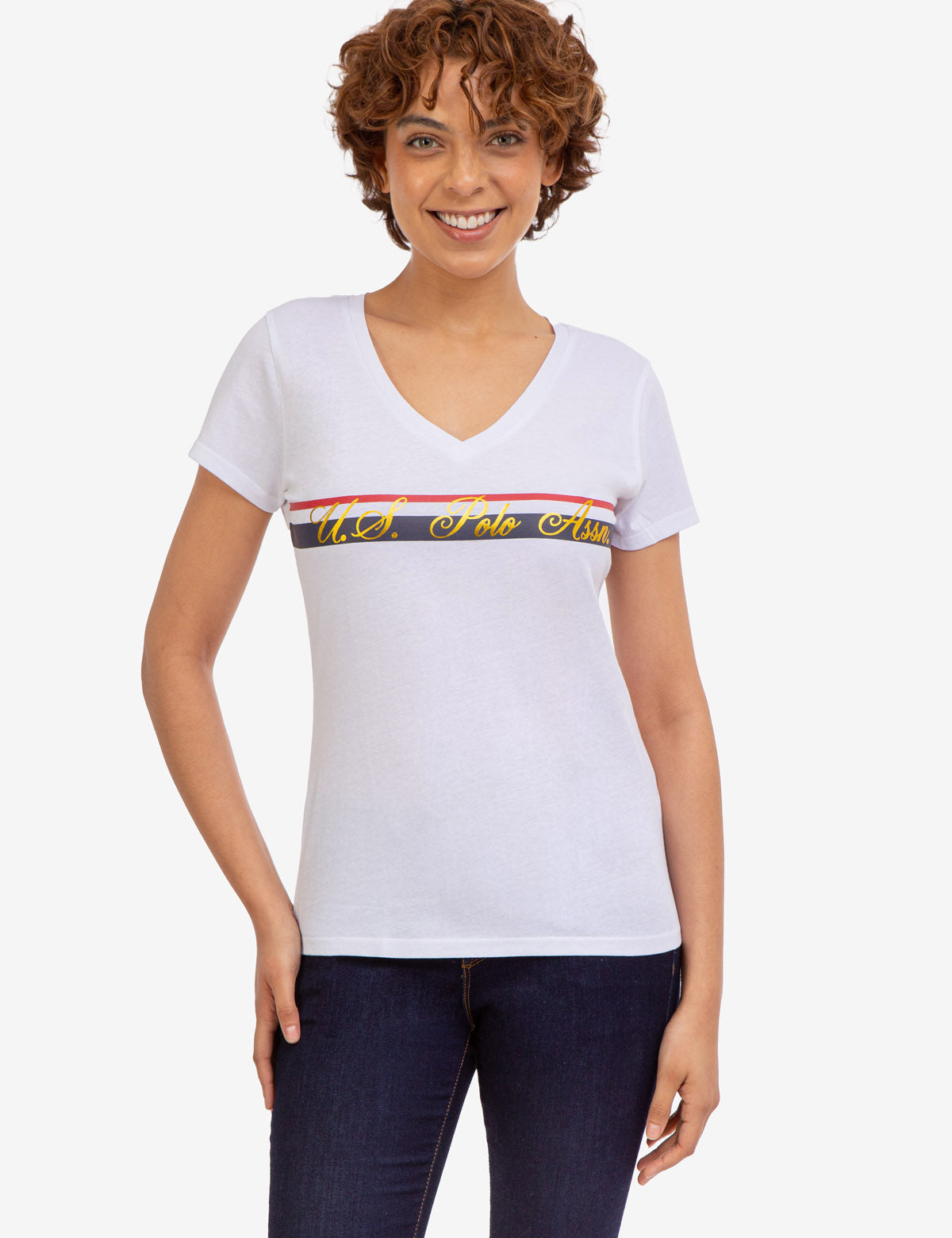 V-Neck Striped Foil Graphic Tee for Men & Women