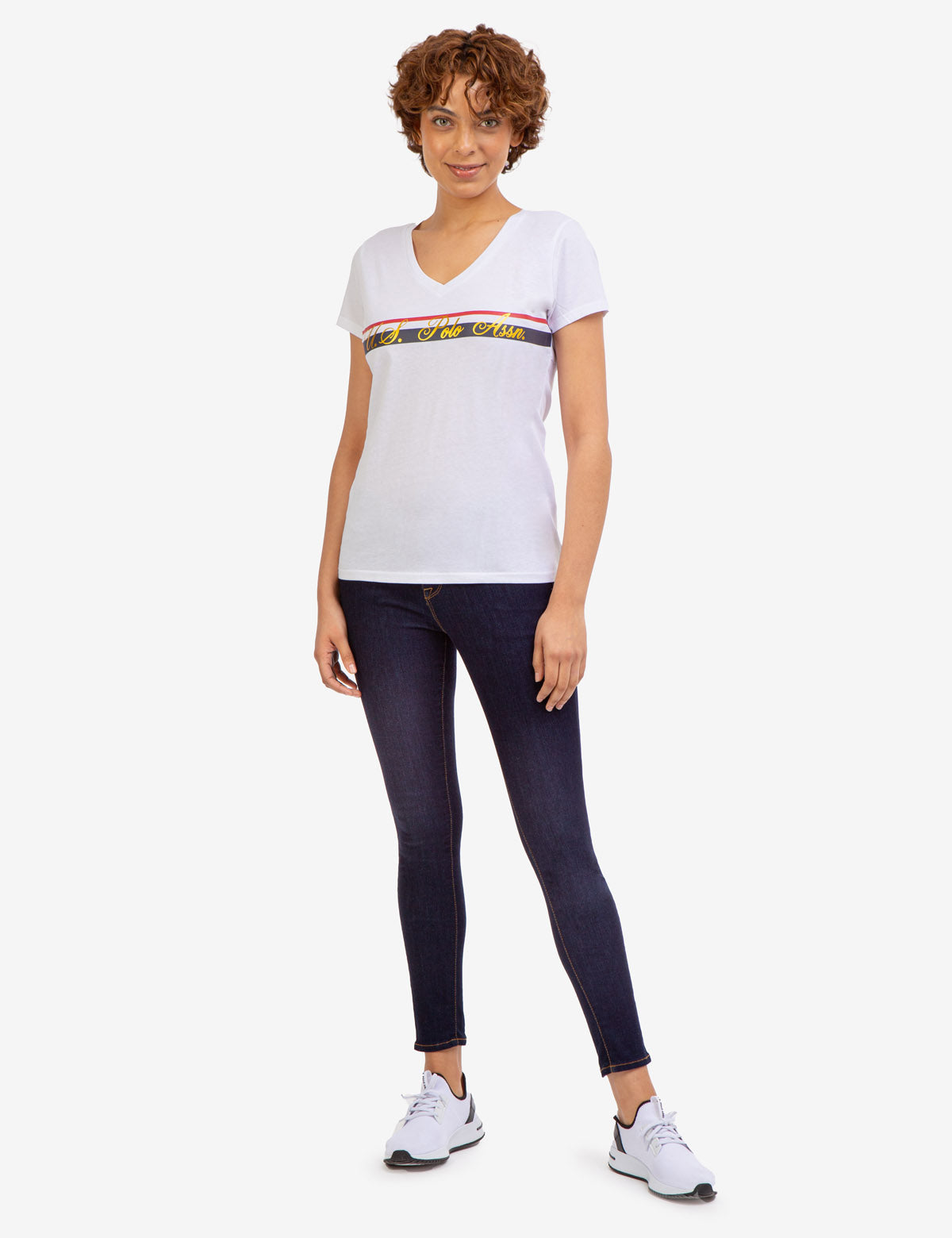 V-Neck Striped Foil Graphic Tee for Men & Women