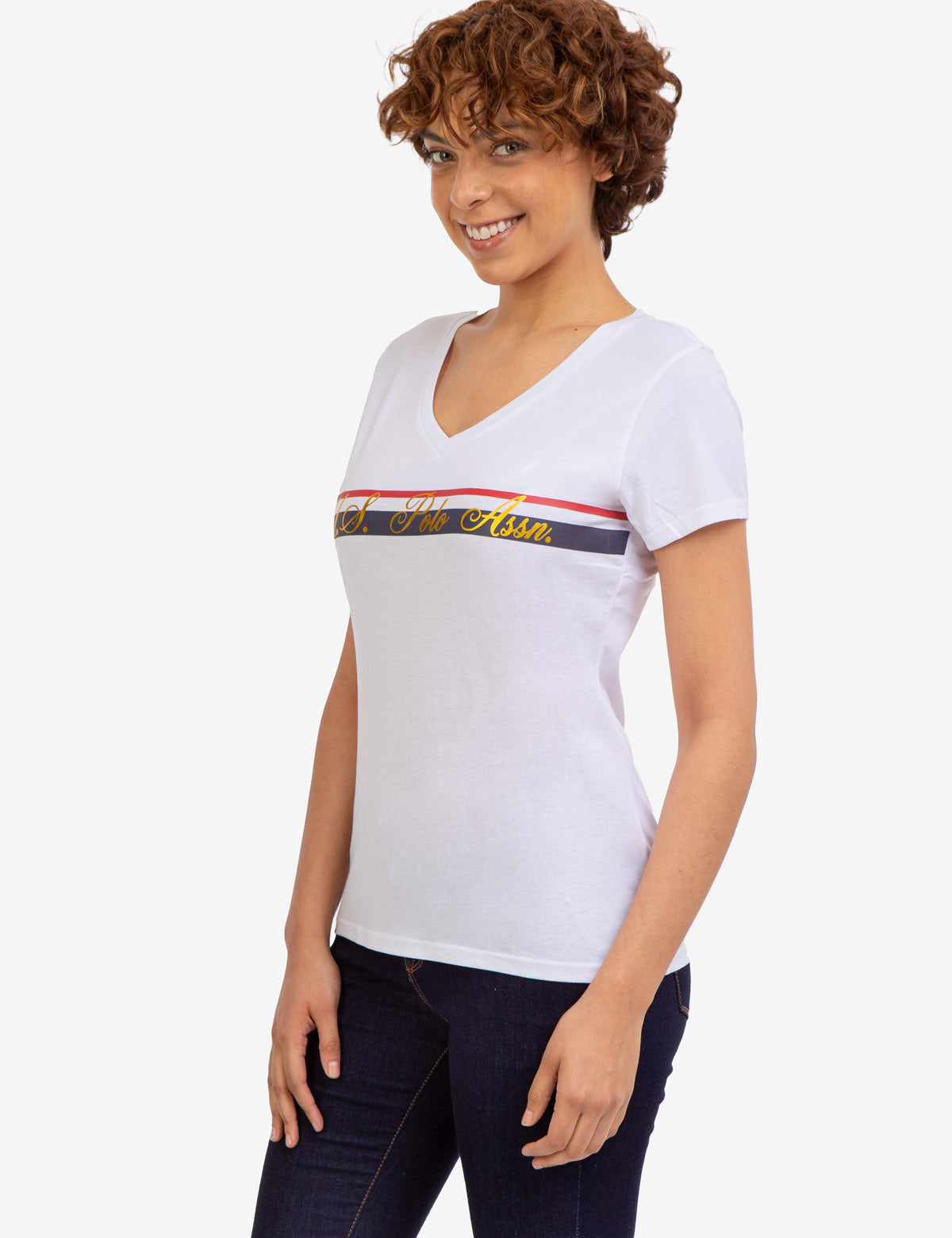 V-Neck Striped Foil Graphic Tee for Men & Women