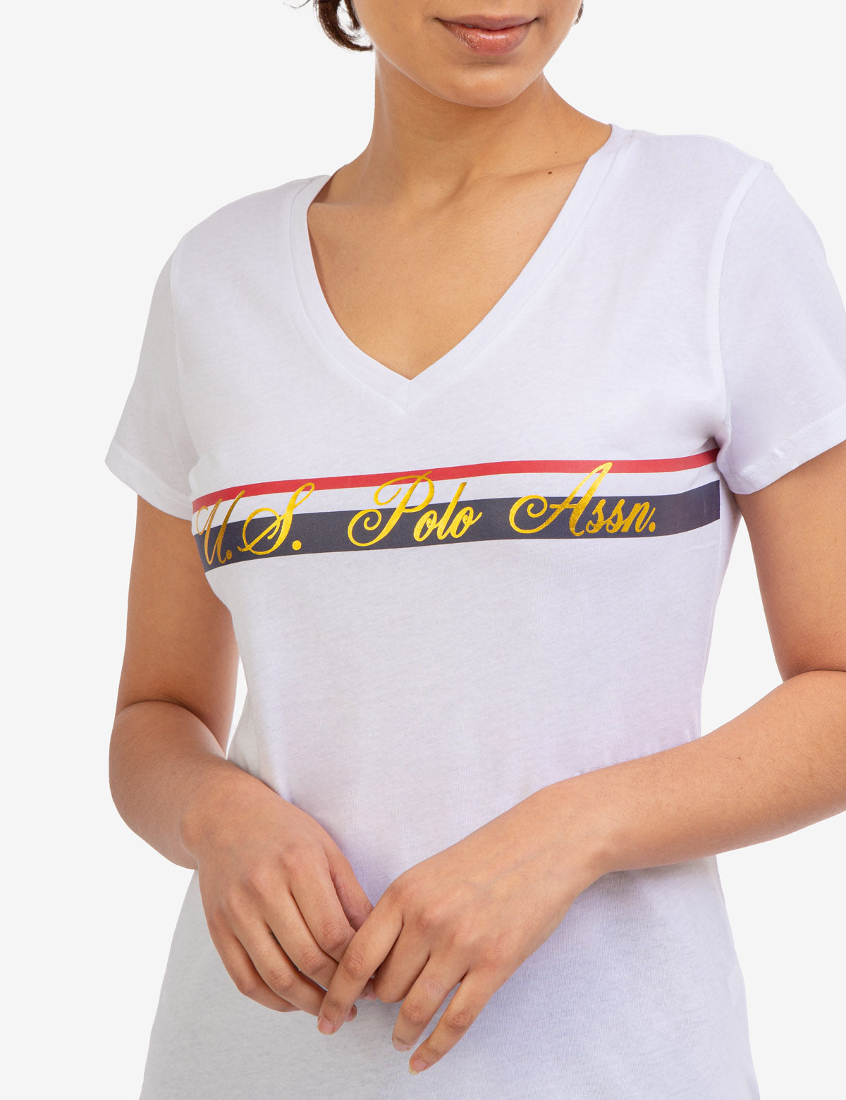 V-Neck Striped Foil Graphic Tee for Men & Women