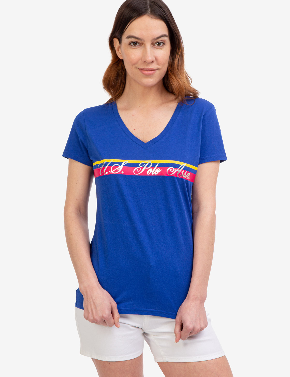 V-Neck Striped Foil Graphic Tee for Men & Women