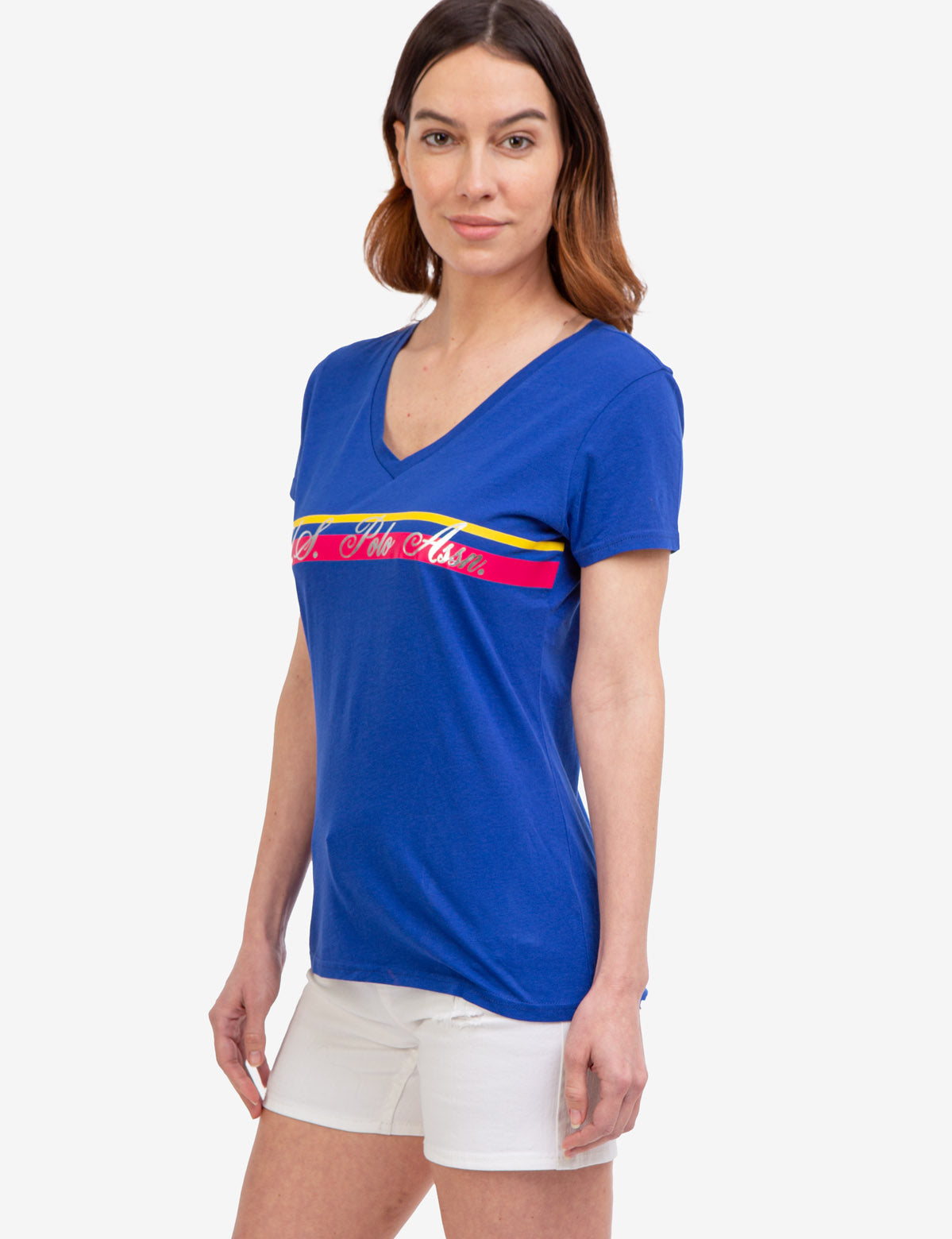 V-Neck Striped Foil Graphic Tee for Men & Women