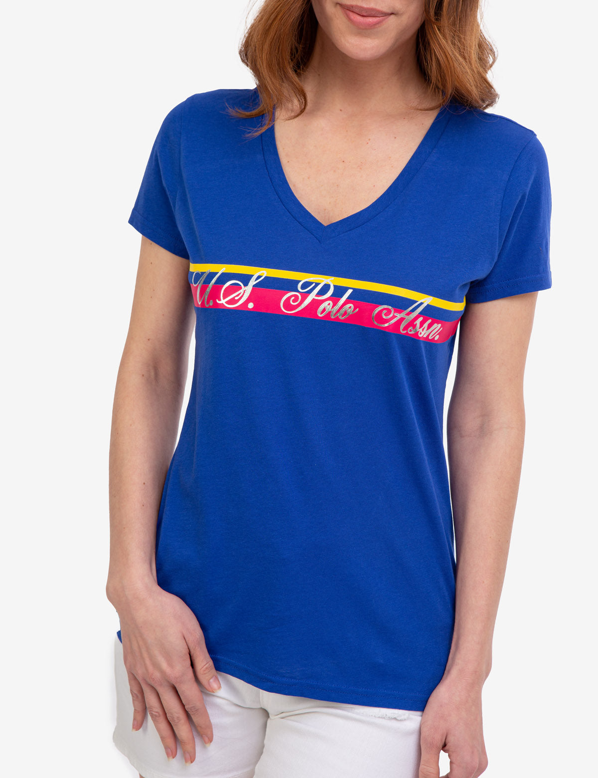 V-Neck Striped Foil Graphic Tee for Men & Women