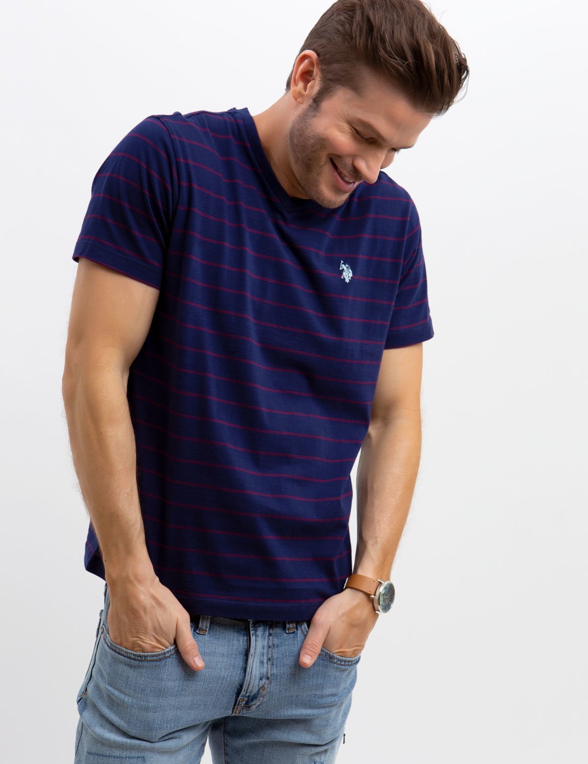 Men's Striped V-Neck T-Shirt with Embroidered Logo