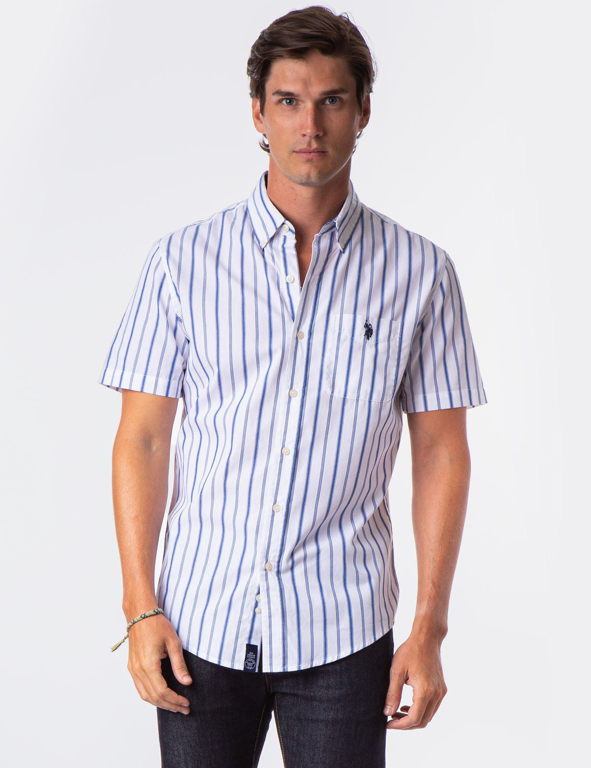 Men's Vertical Stripe Poplin Shirt - Short Sleeve Button-Up
