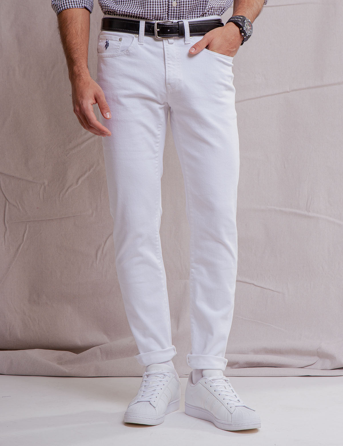 Men's Slim Straight Fit Jeans with Embroidered Logo - White Label