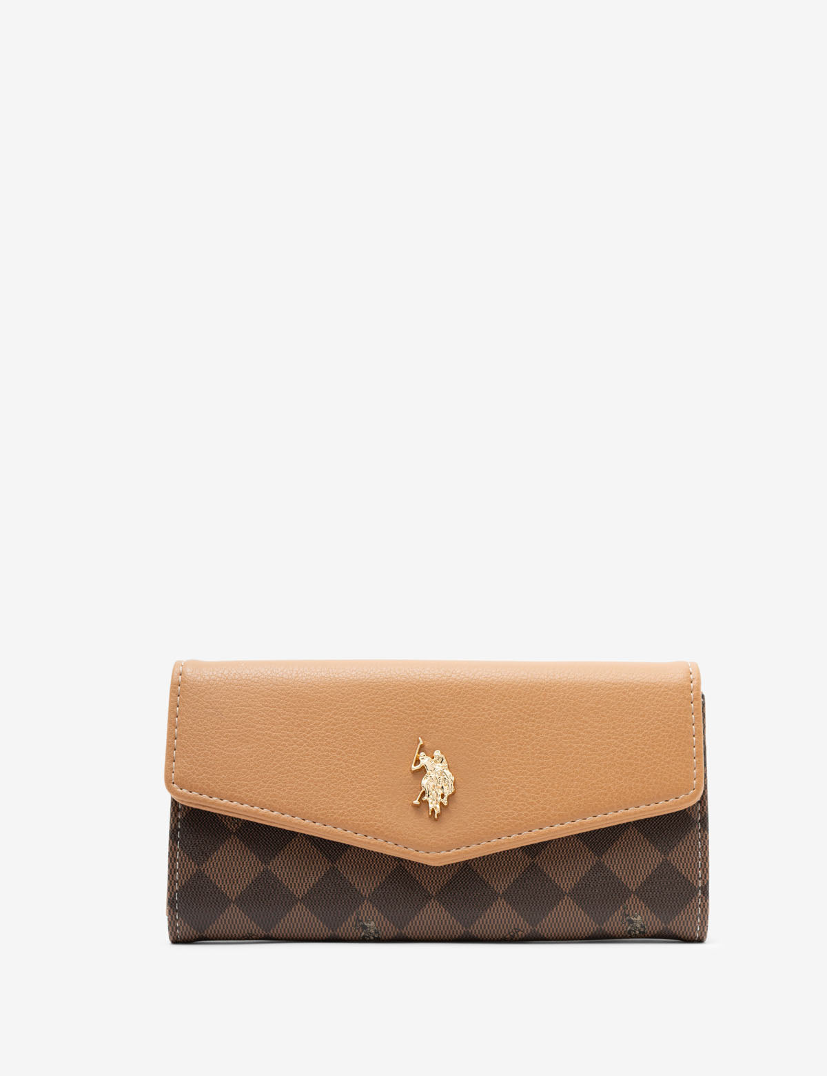 Luxury Diamond Large Flap Wallet with Gold Logo & Zippered Pocket