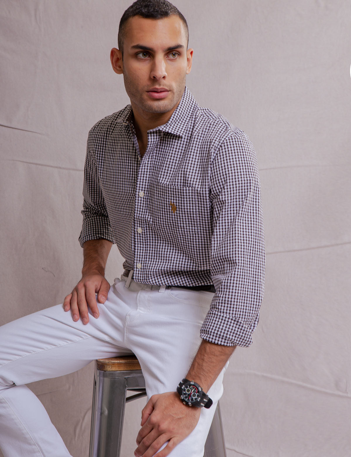 Men's White Label Gingham Poplin Shirt - Classic Fit Cotton Spandex