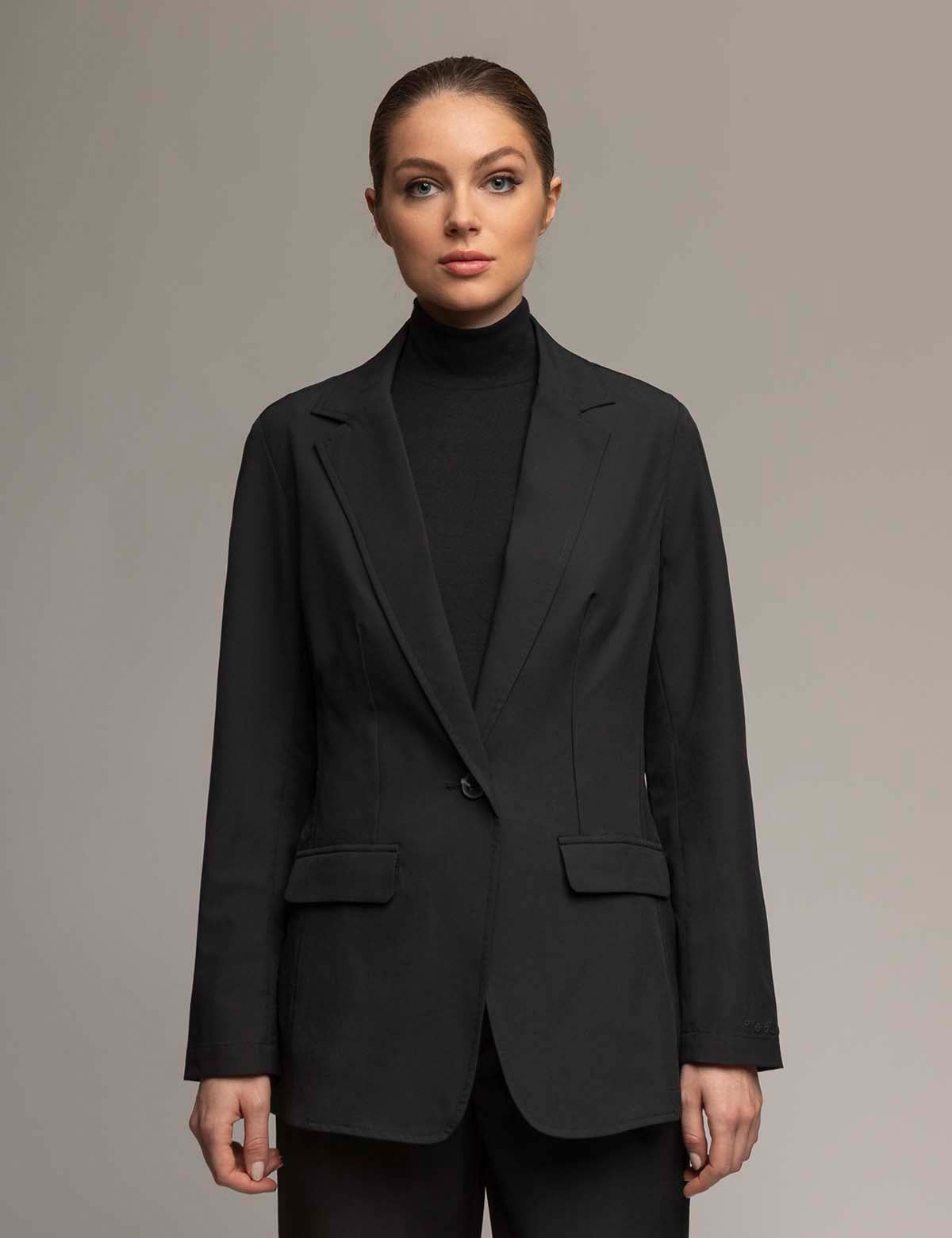 Women's Soft Draped Relaxed Blazer - Unlined Black Stretch Woven