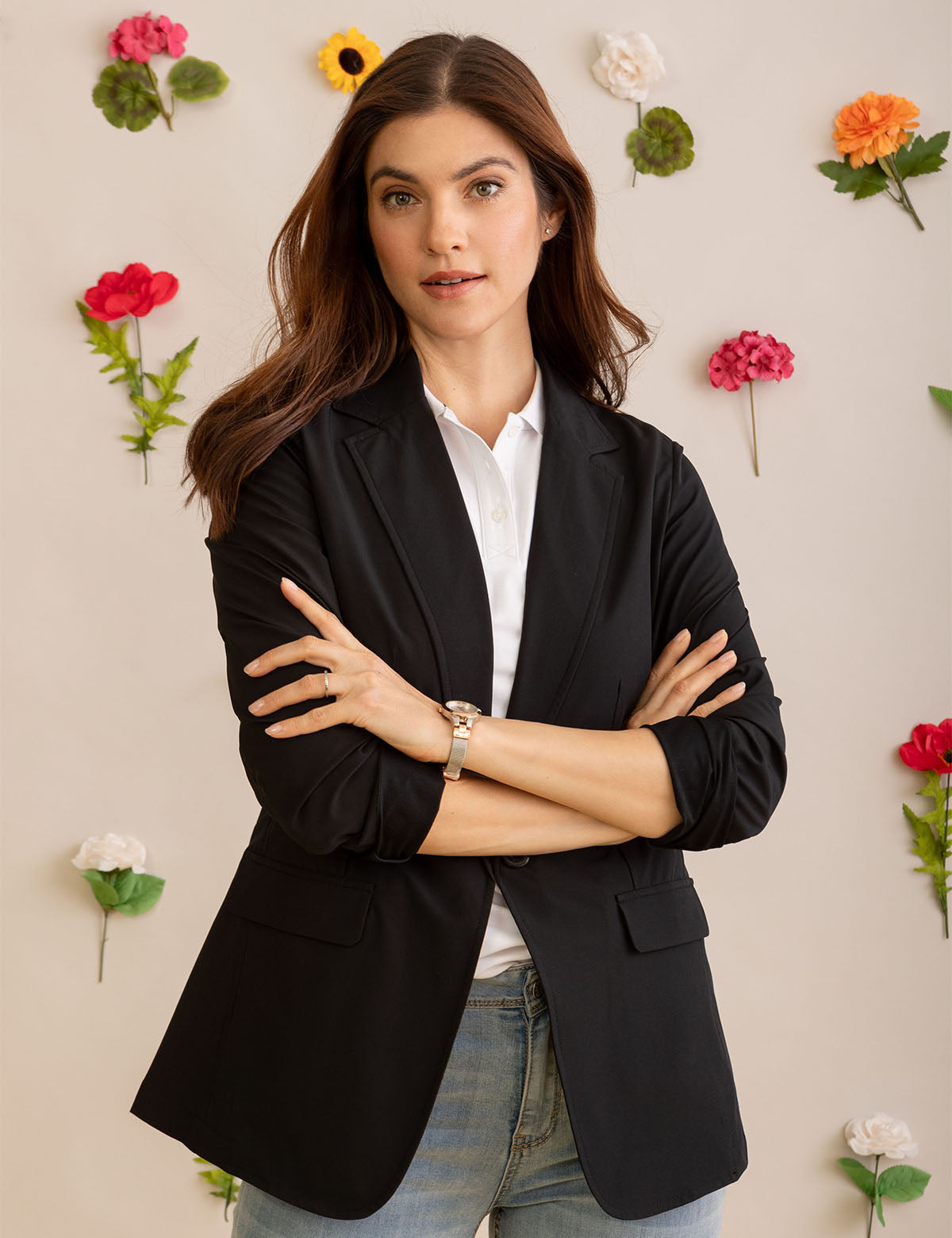 Women's Soft Draped Relaxed Blazer - Unlined Black Stretch Woven
