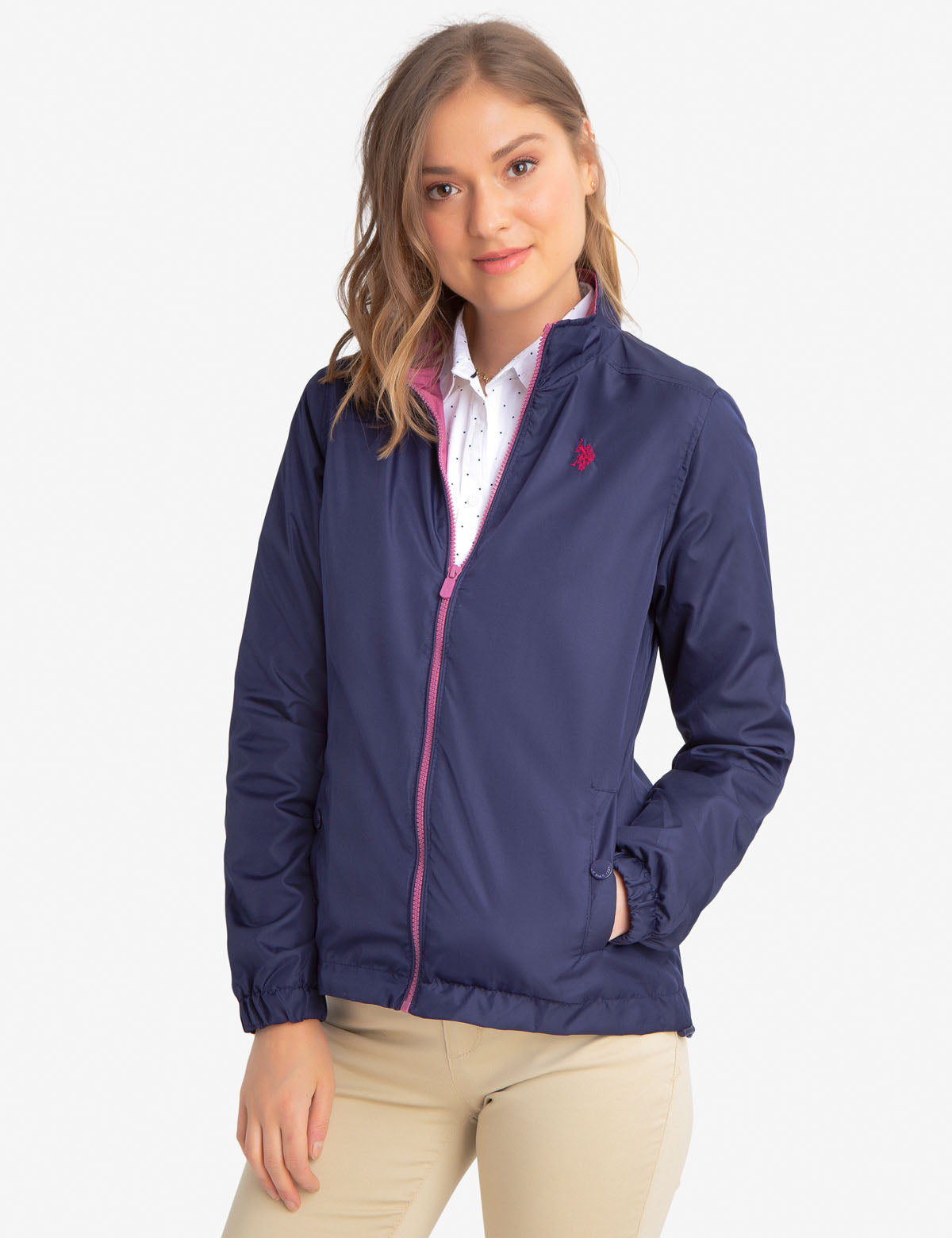 Men's Stand Collar Windbreaker Jacket with Contrast Zipper