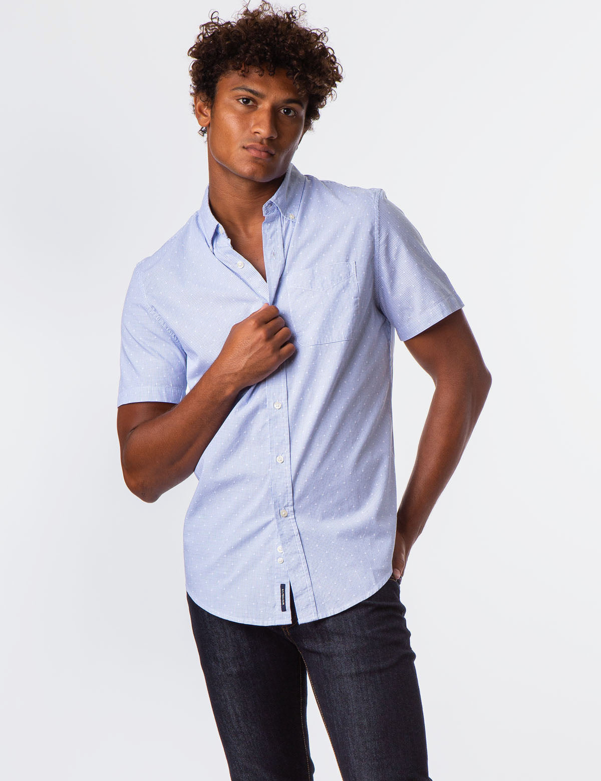 Men's Yarn Dye Check Dobby Shirt with Short Sleeves