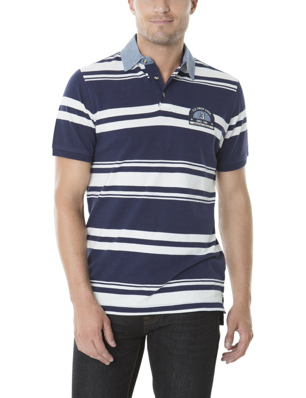 USPA Striped Polo Shirt - Yarn Dyed Pique Cotton with Chambray Collar