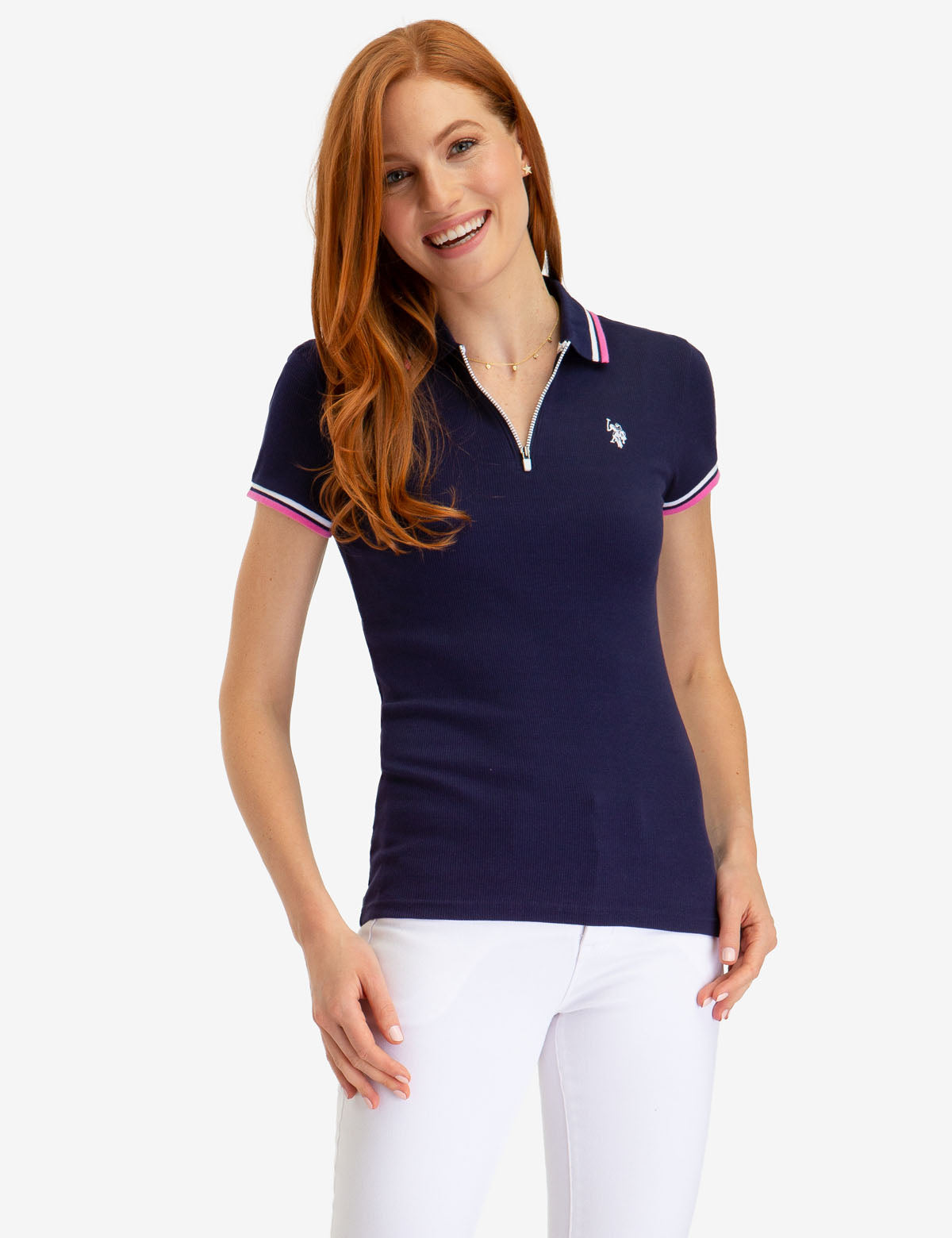 Men's Ribbed Zip-Up Polo Shirt with Embroidered Logo