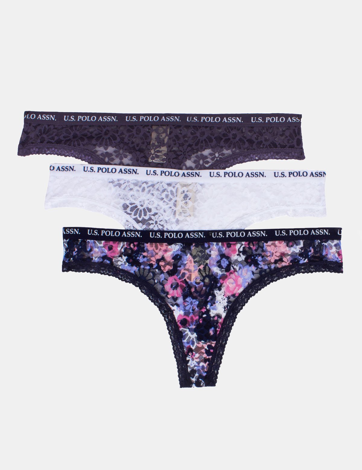 3 Pack Floral Lace Thongs - Assorted Colors, Nylon & Spandex