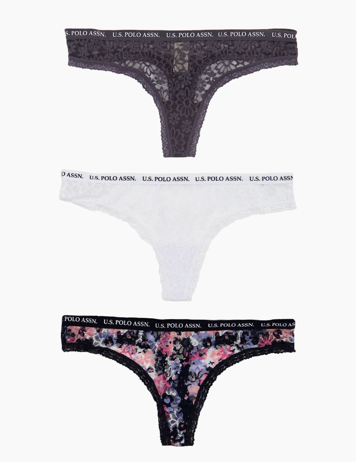 3 Pack Floral Lace Thongs - Assorted Colors, Nylon & Spandex