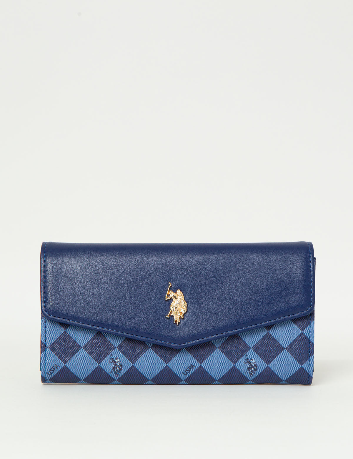 Luxury Diamond Large Flap Wallet with Gold Logo & Zippered Pocket