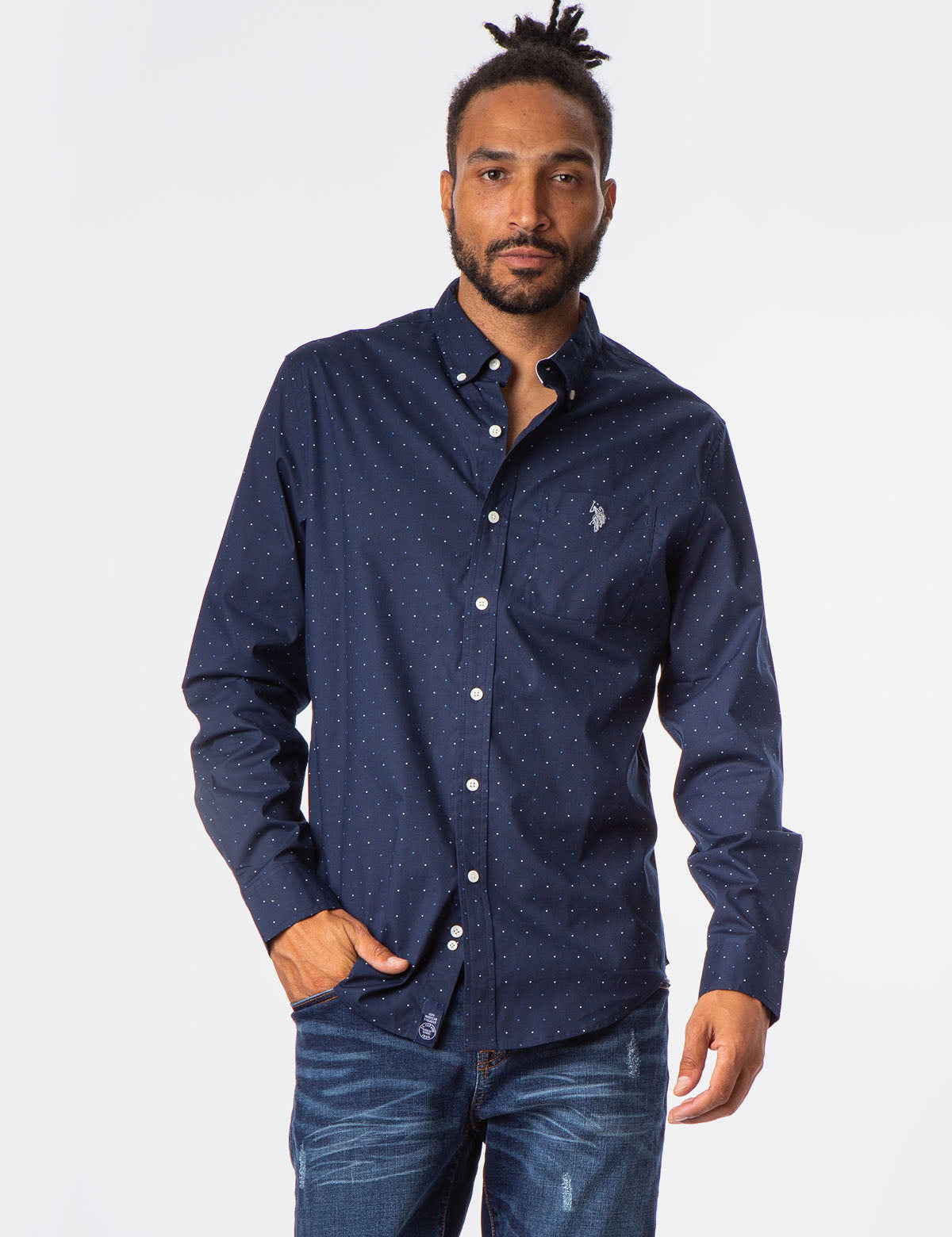 Men's All Over Dot Button-Up Shirt with Collar
