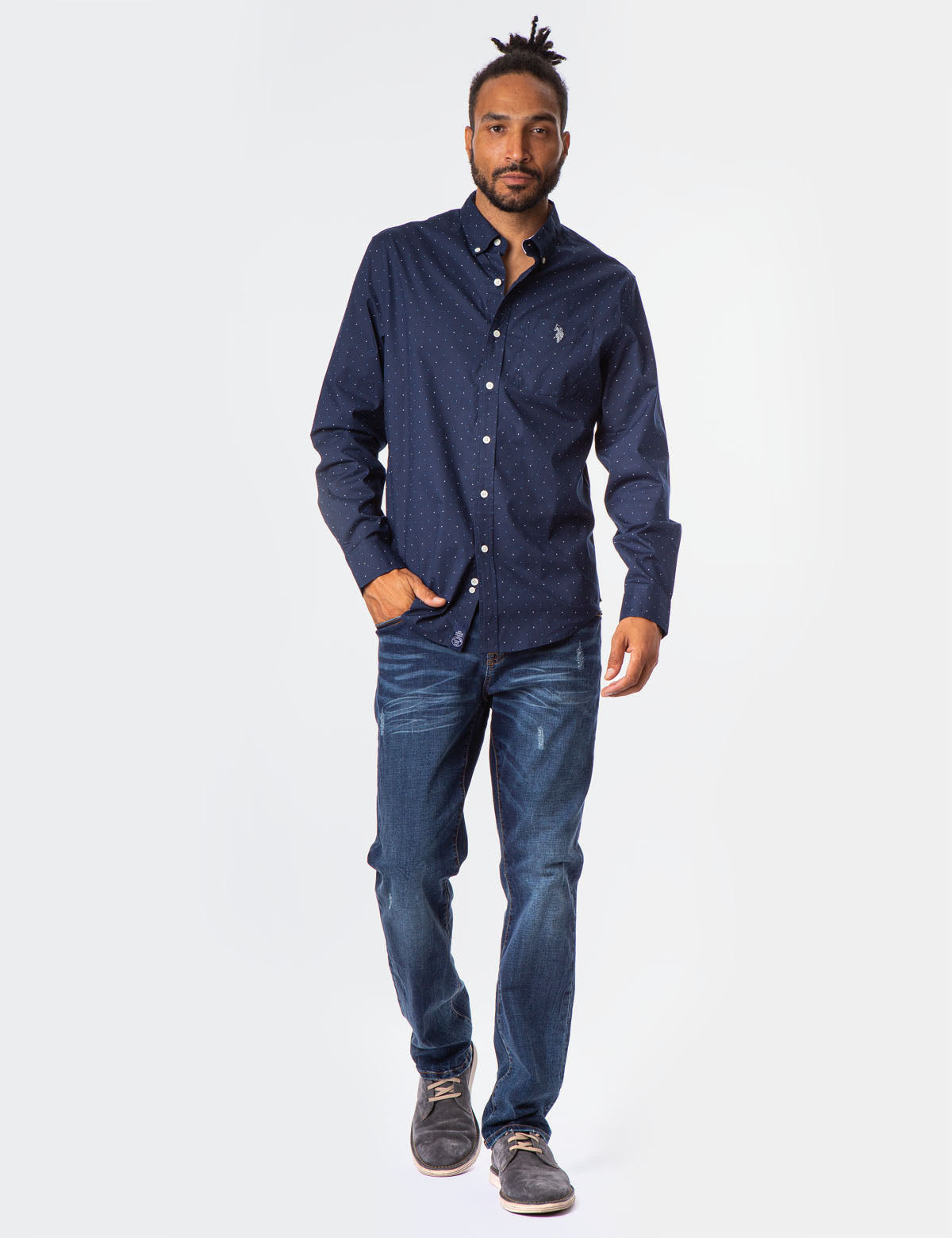 Men's All Over Dot Button-Up Shirt with Collar
