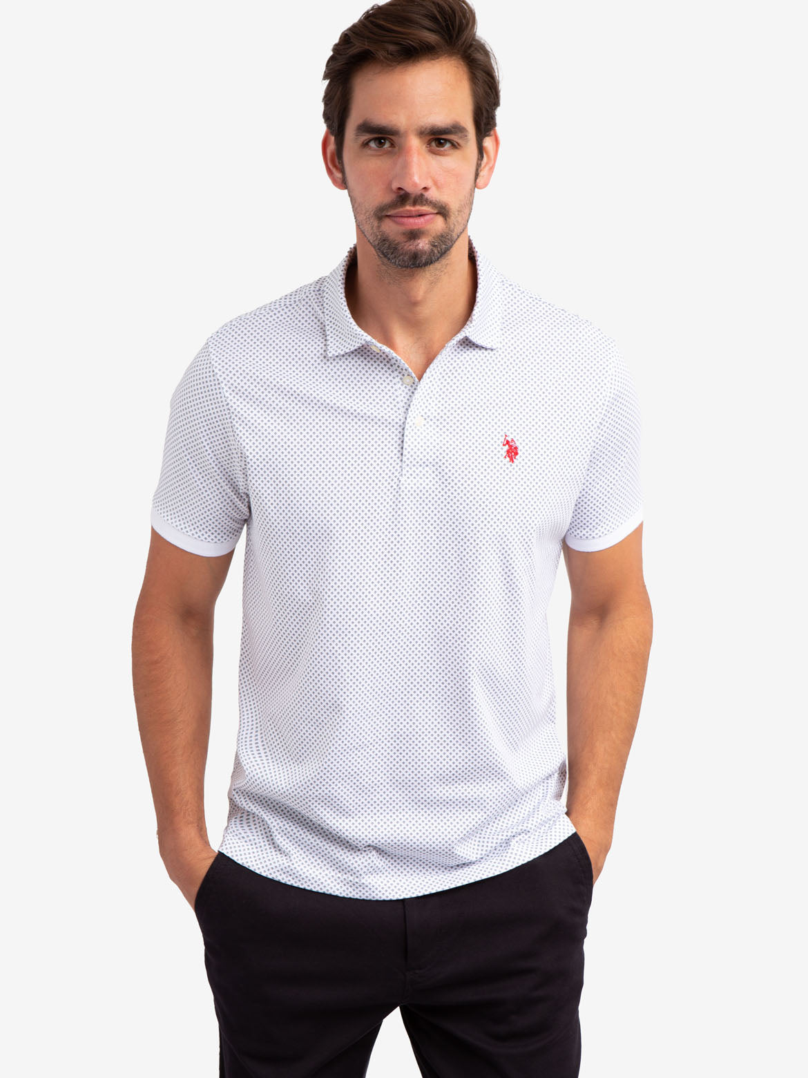 Men's Geo Print Polo Shirt - Button Placket & Rib Cuffs