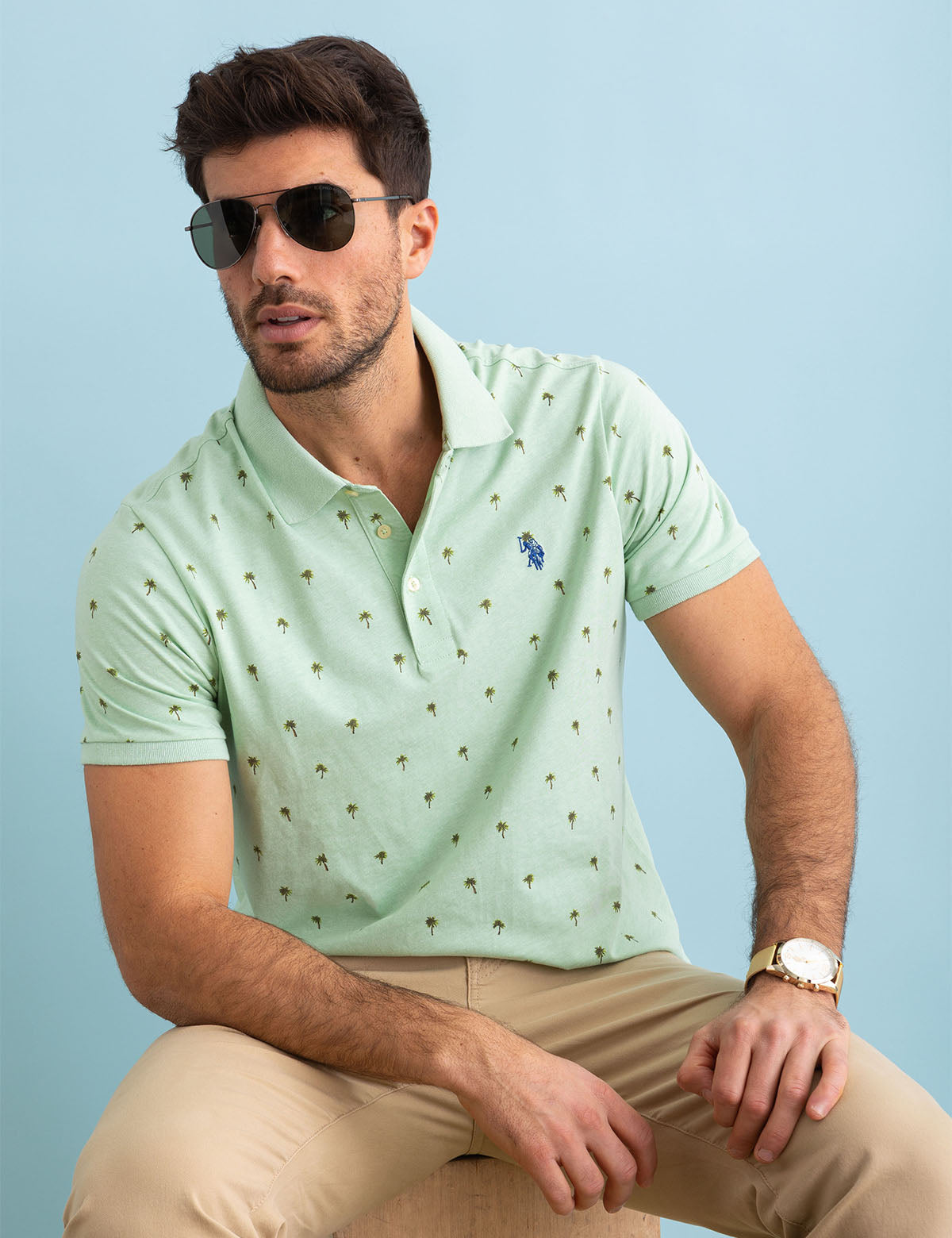 Tropical Print Jersey Polo Shirt - Palm Design Casual Wear