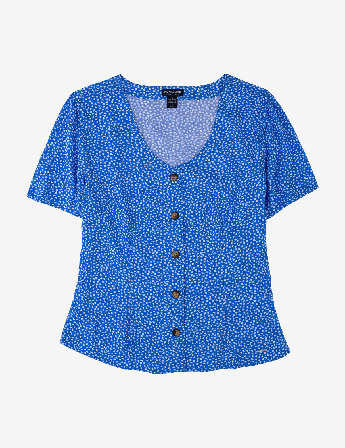 Floral Print Rayon Button-Up Blouse with Short Sleeves