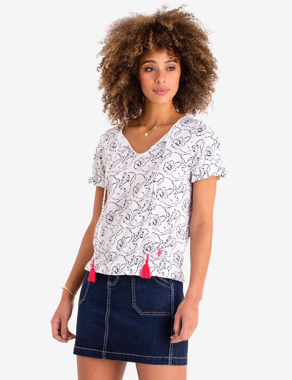 Floral Print Lace-Up Top with Short Sleeves