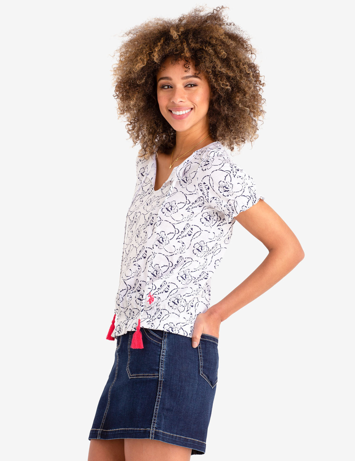 Floral Print Lace-Up Top with Short Sleeves
