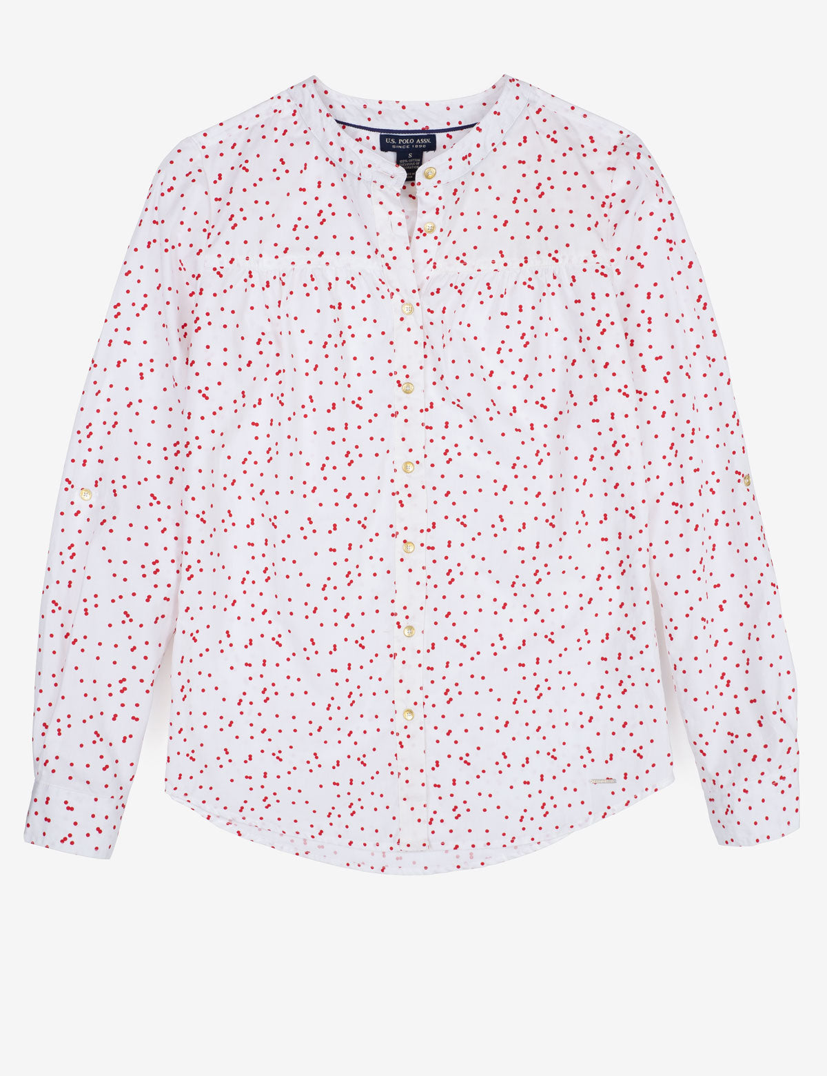 Dot Print Long Sleeve Button-Up Shirt with Roll-Up Cuffs
