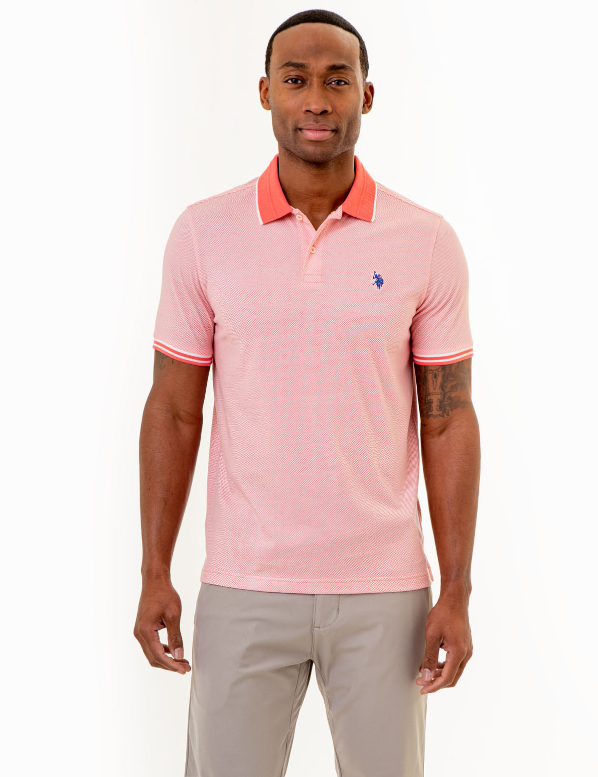 Men's Textured Collar Polo Shirt - All Over Print Cotton