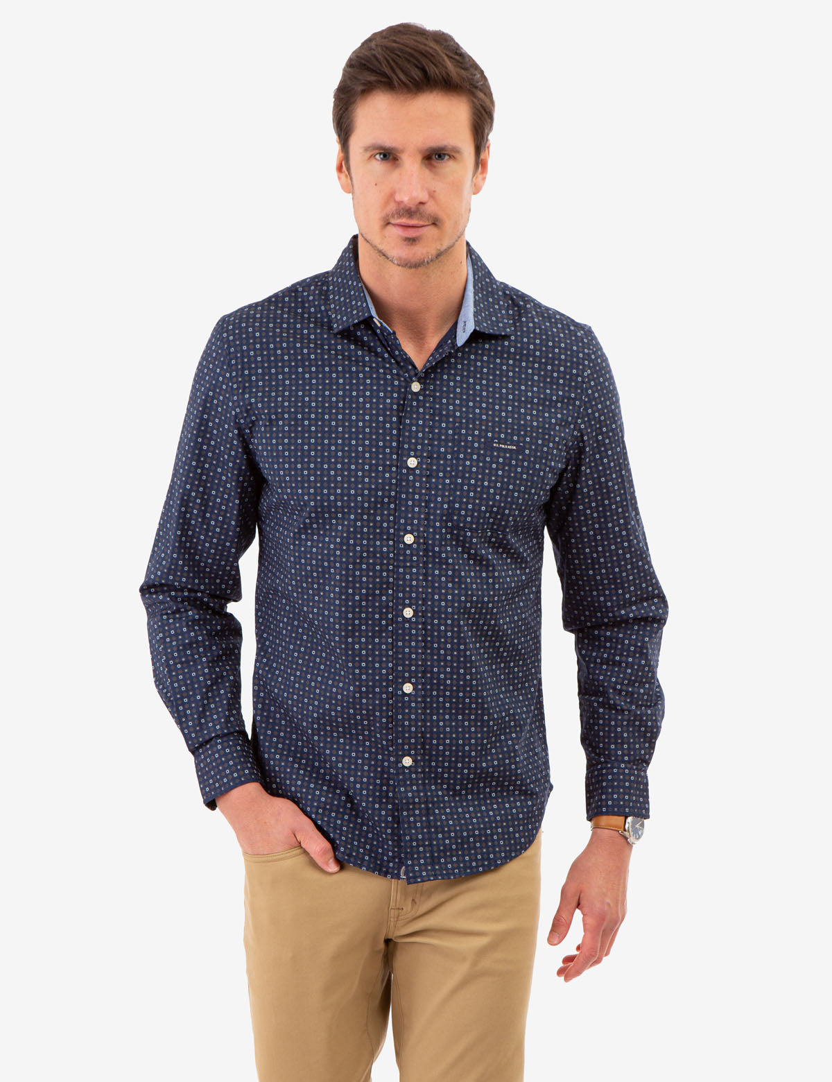 Geo Print Long Sleeve Shirt - Allover Multi Design Cotton Blend