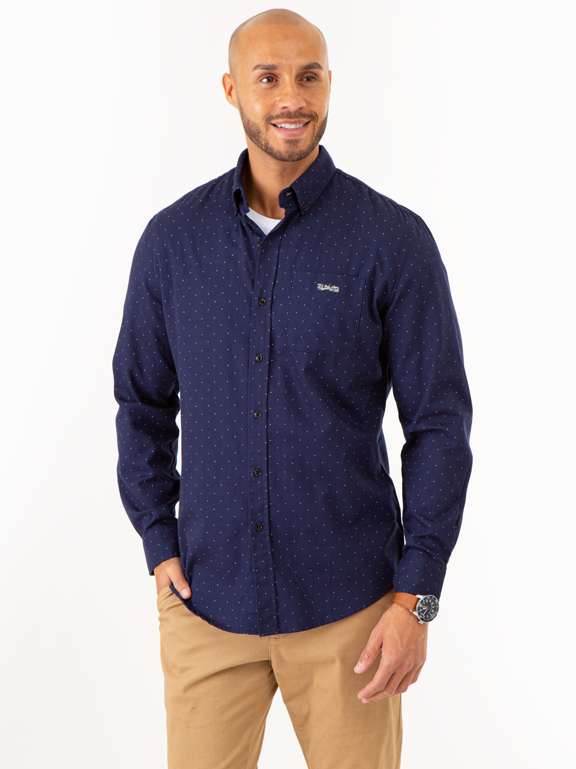 Men's Pin Dot Long Sleeve Shirt with Pocket - Cotton Blend Casual Wear