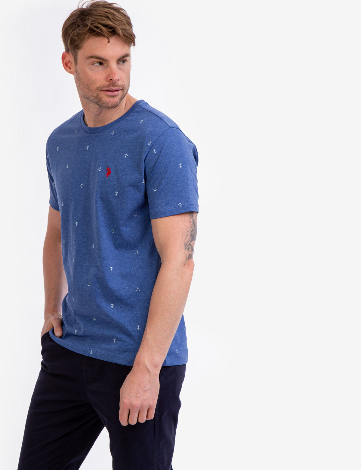 Anchor Print Jersey T-Shirt - All Over Pattern, Crew Neck, Short Sleeves