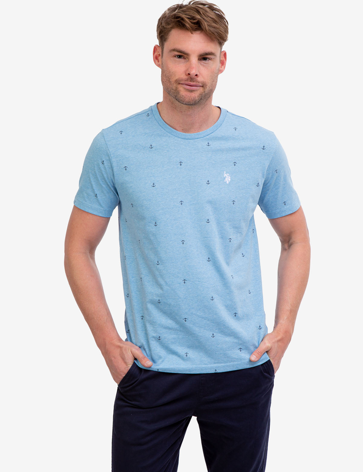 Anchor Print Jersey T-Shirt - All Over Pattern, Crew Neck, Short Sleeves