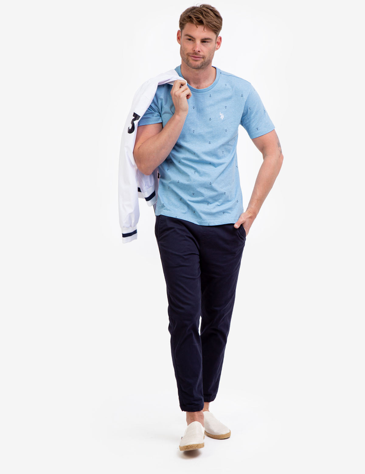 Anchor Print Jersey T-Shirt - All Over Pattern, Crew Neck, Short Sleeves